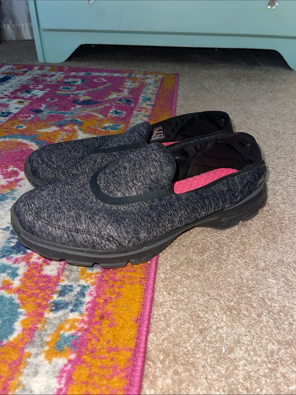 Skechers Slip-On Moccasins in Heathered Black with Pink Insole